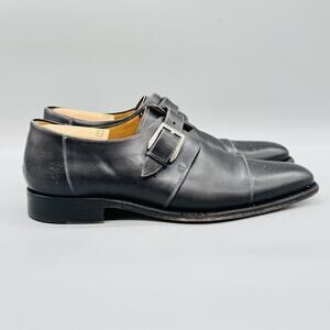 Mezlan Shoes Men 10 Black Leather Platinum Jean Monk Strap Loafers Cap Toe Dress